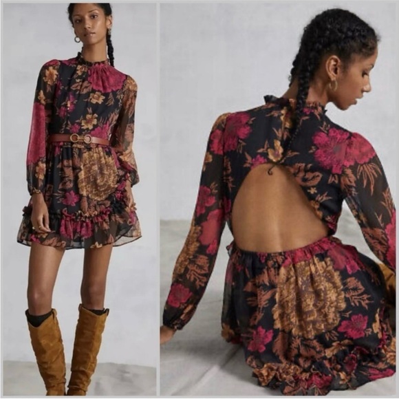 Anthropologie Dresses & Skirts - Anthropologie Porridge Black Puff Sleeve Open Back Floral Chiffon Dress Size 1X